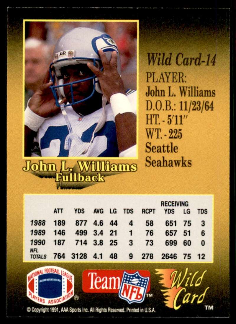 John L. Williams Card 1991 Wild Card 100 Stripe #14 Image 2