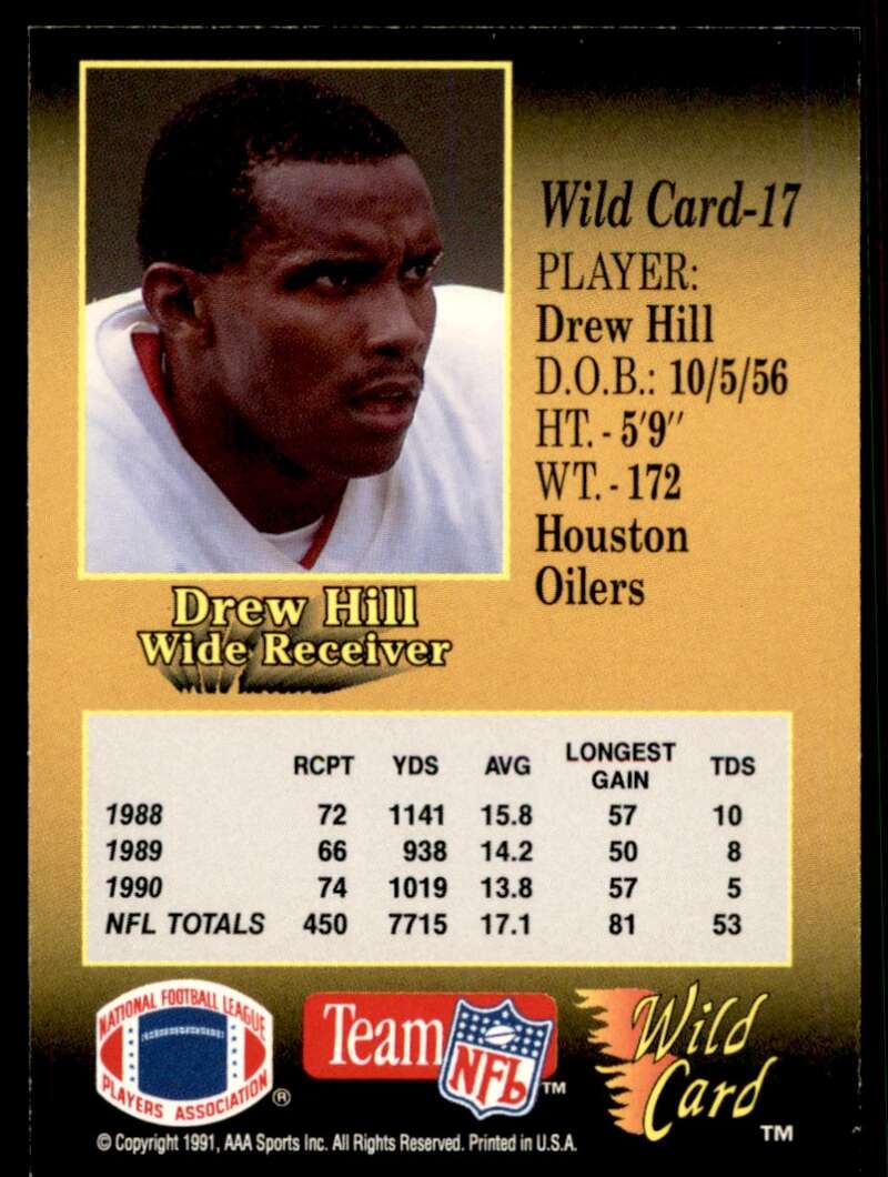 Drew Hill Card 1991 Wild Card 100 Stripe #17 Image 2