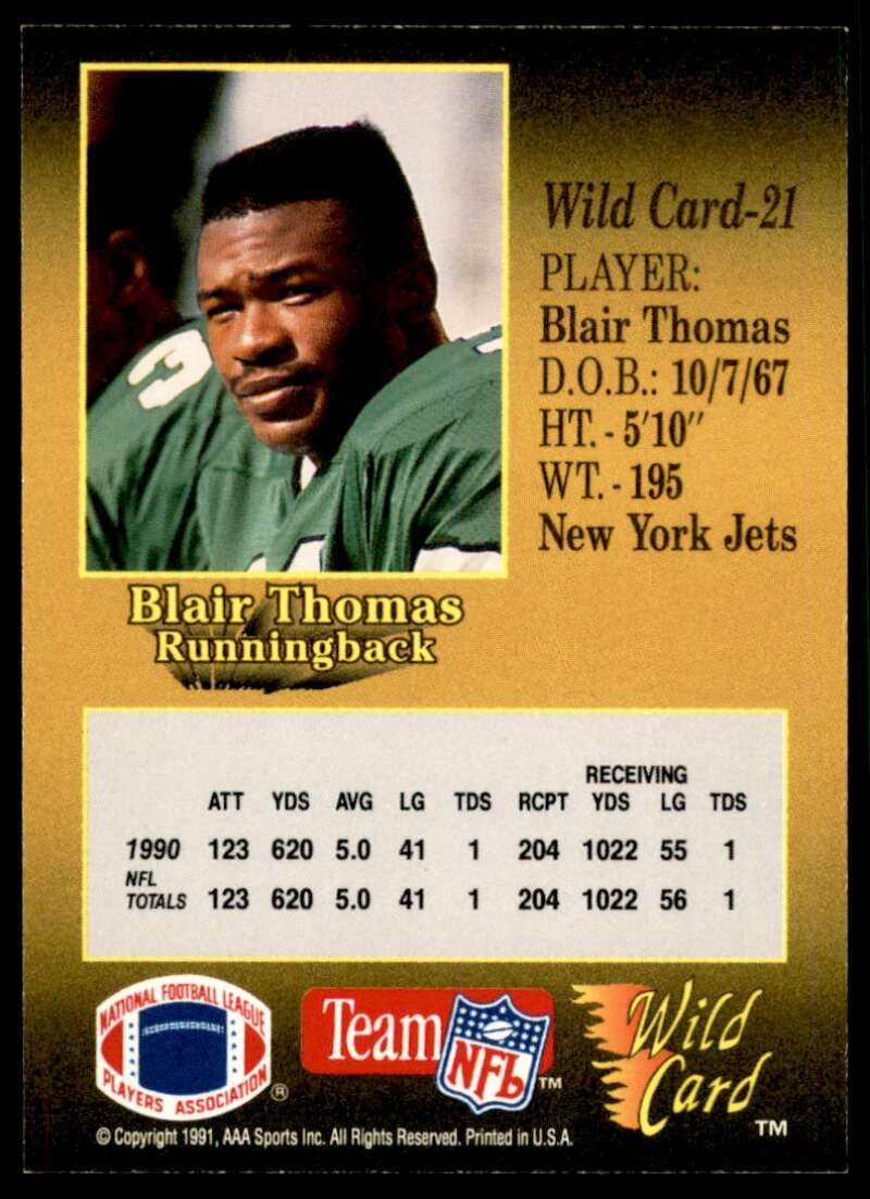 Blair Thomas Card 1991 Wild Card 100 Stripe #21 Image 2