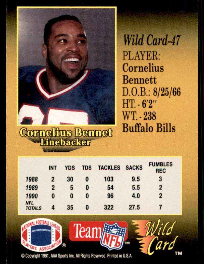 Cornelius Bennett Card 1991 Wild Card 100 Stripe #47 Image 2