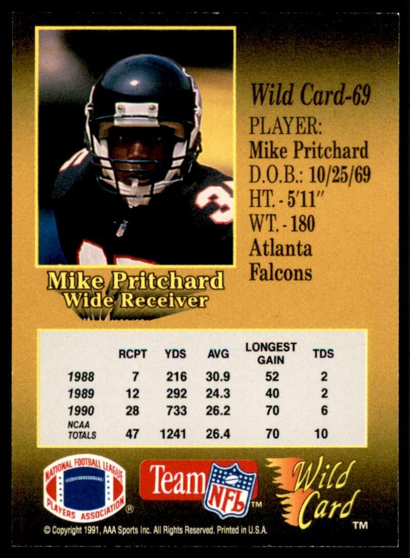 Mike Pritchard Card 1991 Wild Card 100 Stripe #69 Image 2