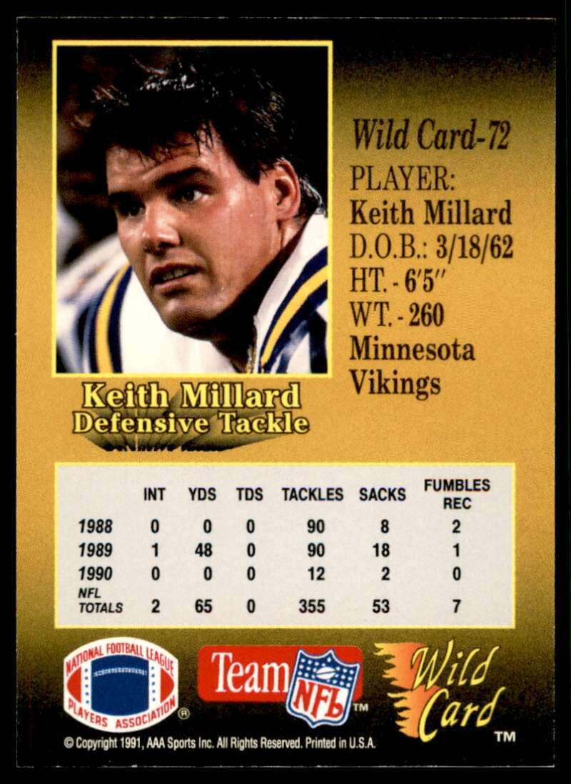 Keith Millard Card 1991 Wild Card 100 Stripe #72 Image 2