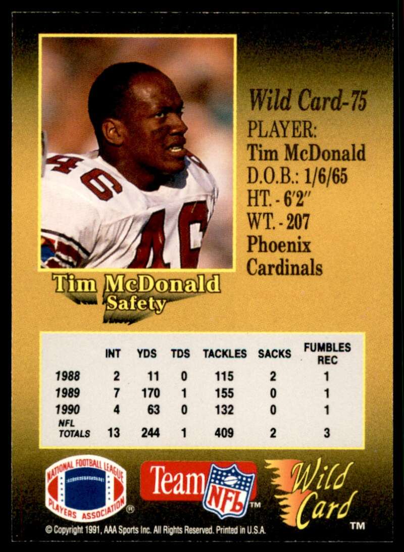 Tim McDonald Card 1991 Wild Card 100 Stripe #75 Image 2