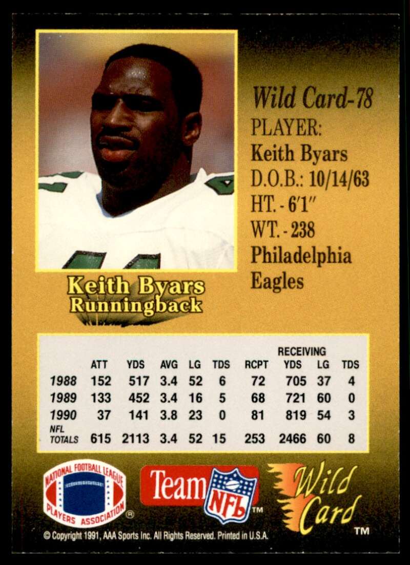 Keith Byars Card 1991 Wild Card 100 Stripe #78 Image 2