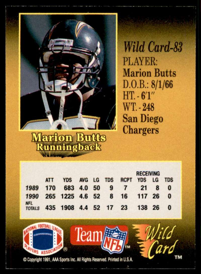 Marion Butts Card 1991 Wild Card 100 Stripe #83 Image 2