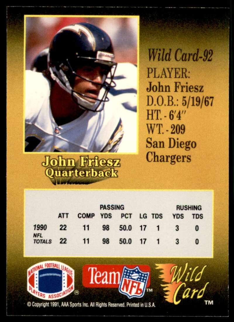 John Friesz Card 1991 Wild Card 100 Stripe #92 Image 2