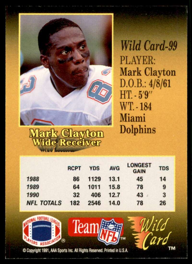 Mark Clayton Card 1991 Wild Card 100 Stripe #99 Image 2