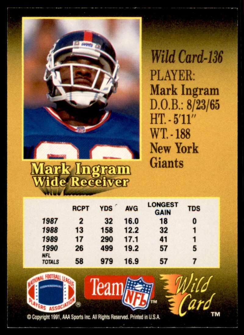 Mark Ingram Card 1991 Wild Card 100 Stripe #136 Image 2