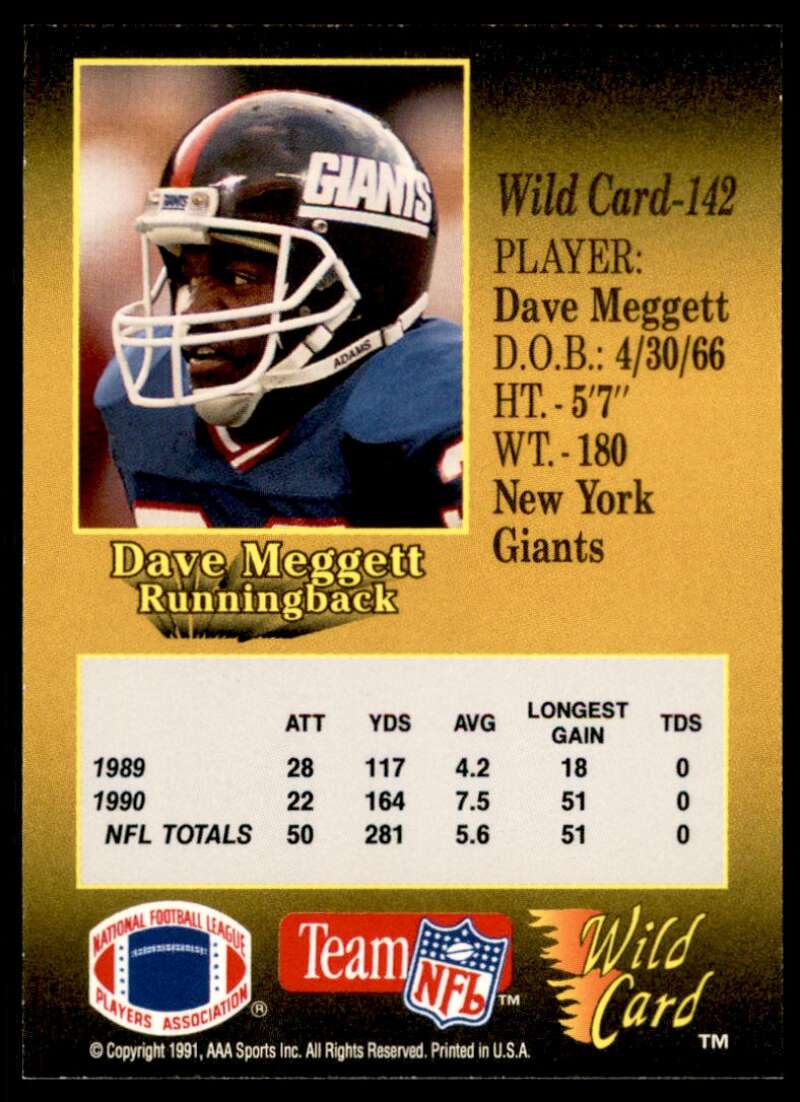 Dave Meggett Card 1991 Wild Card 100 Stripe #142 Image 2