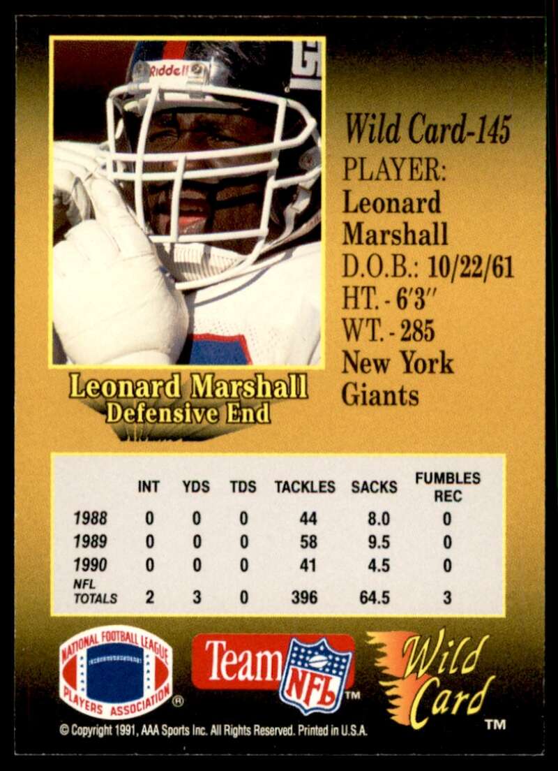 Leonard Marshall Card 1991 Wild Card 100 Stripe #145 Image 2