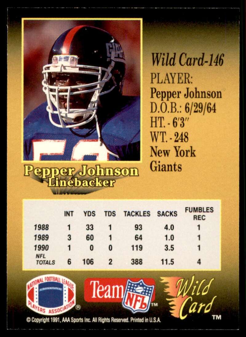 Pepper Johnson Card 1991 Wild Card 100 Stripe #146 Image 2