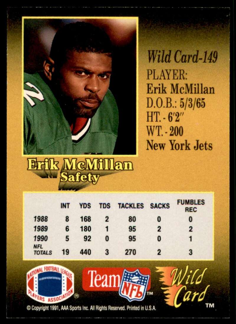 Erik McMillan Card 1991 Wild Card 100 Stripe #149 Image 2