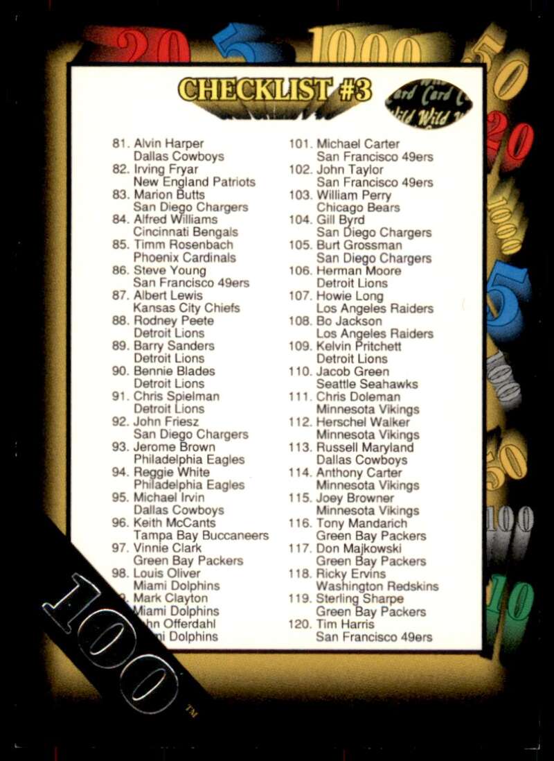Checklist 3 Card 1991 Wild Card 100 Stripe #159 Image 1