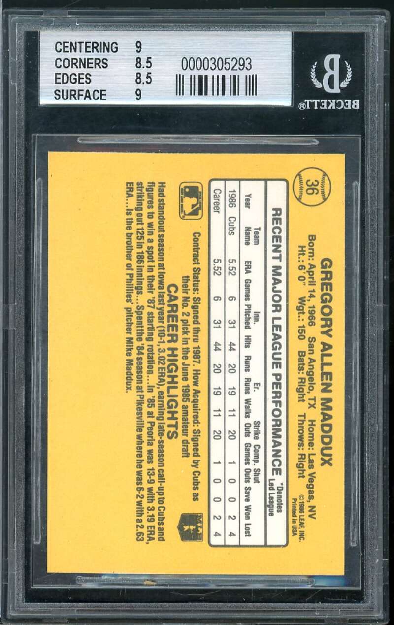 Greg Maddux Rookie Card 1987 Donruss #36 BGS 8.5 (9 8.5 8.5 9) Image 2