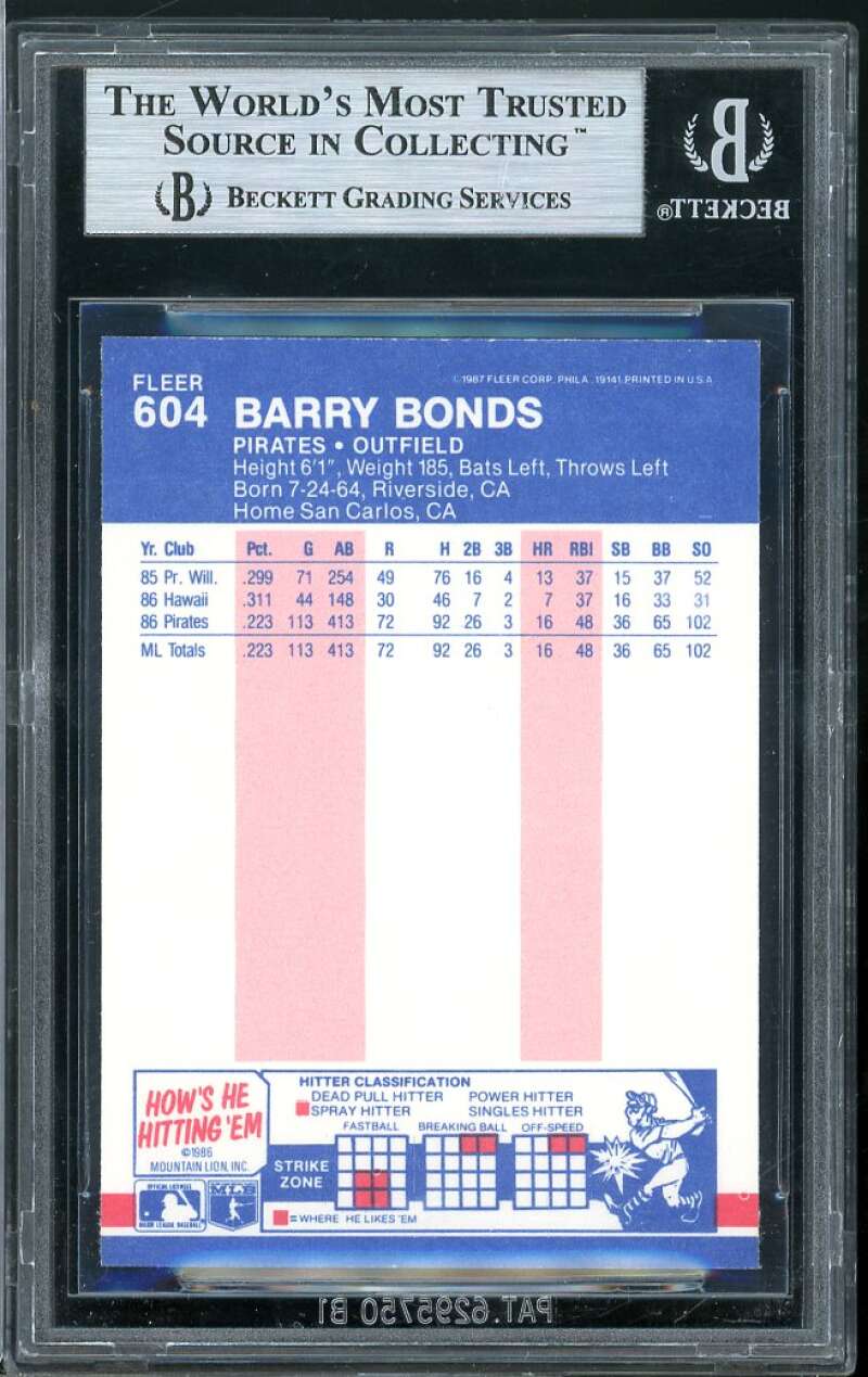 Barry Bonds Rookie Card 1987 Fleer Glossy #604 BGS 9 (9 9 9 8.5) Image 2