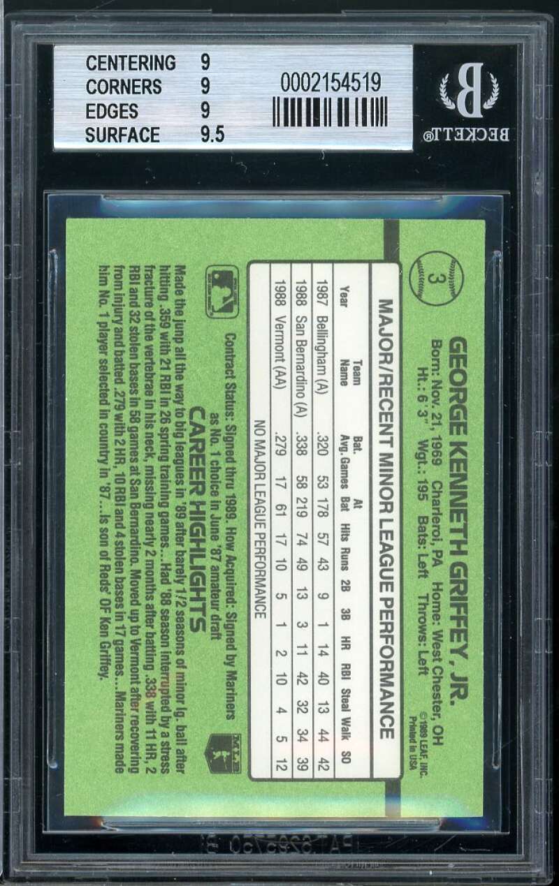 Ken Griffey Jr Rookie Card 1989 Donruss Rookies #3 BGS 9 (9 9 9 9.5) Image 2