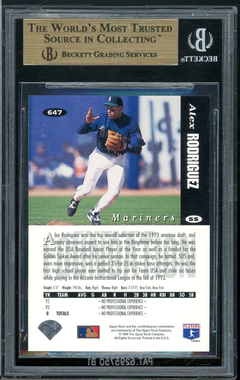 Alex Rodriguez Rookie Card 1994 Collector's Choice #647 BGS 9.5 (10 9 9.5 9.5) Image 2