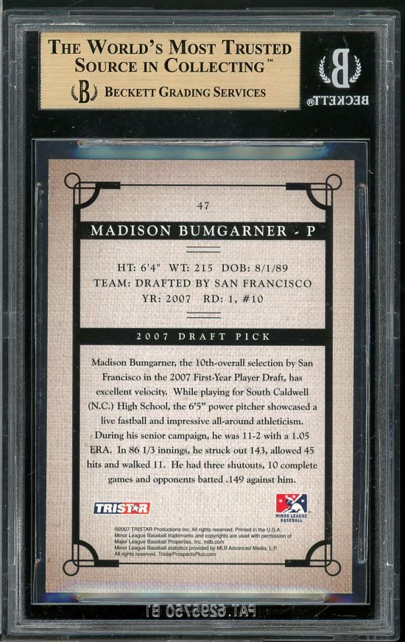 Madison Bumgarner Rookie 2007 Tristar Prospects #47 BGS 9 (9.5 9.5 9.5 9.5) Image 2