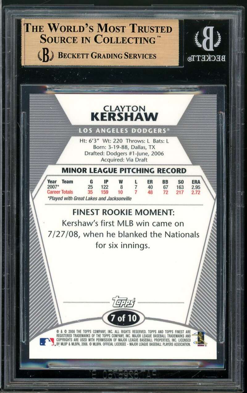 Clayton Kershaw Rookie 2008 Finest Rookie Redemption BGS 9.5 (9 9.5 9.5 9.5) Image 2