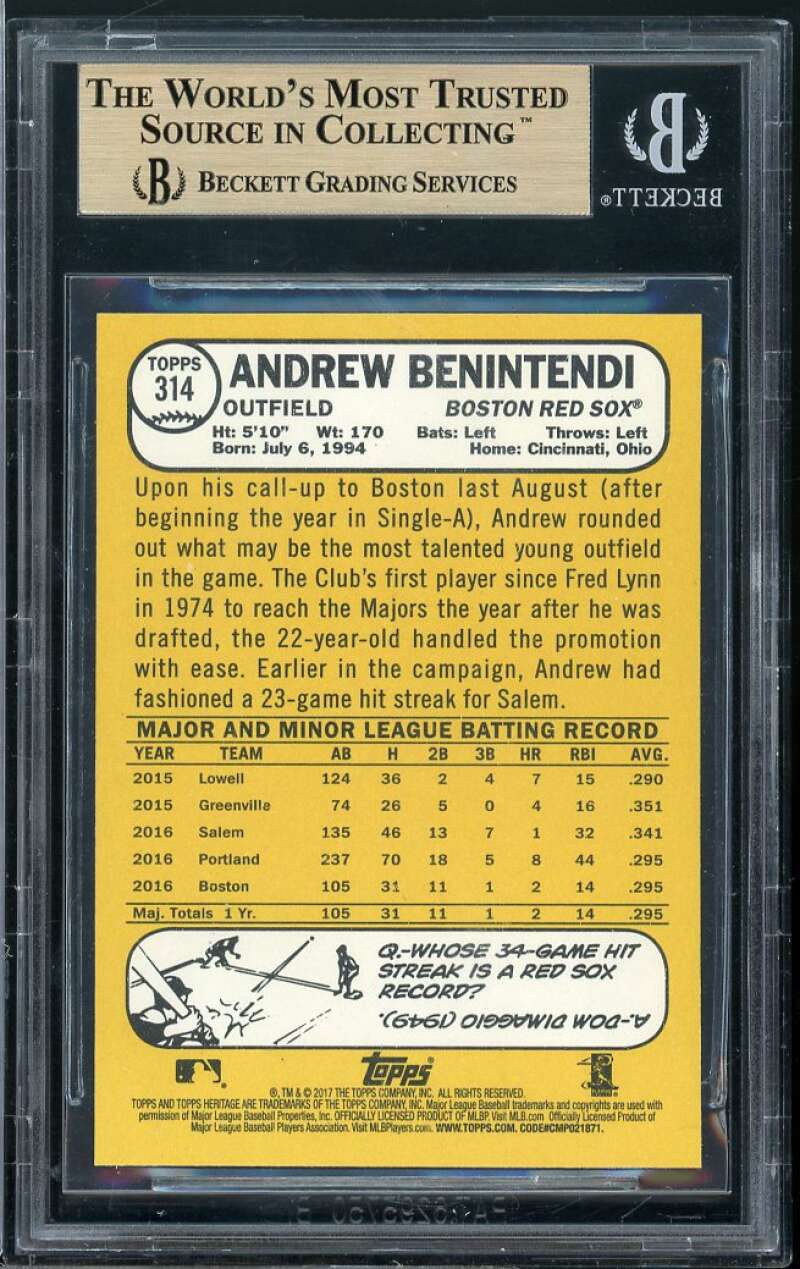 Andrew Benintendi Rookie Card 2017 Topps Heritage #314b BGS 9.5 (9 9.5 9.5 9.5) Image 2