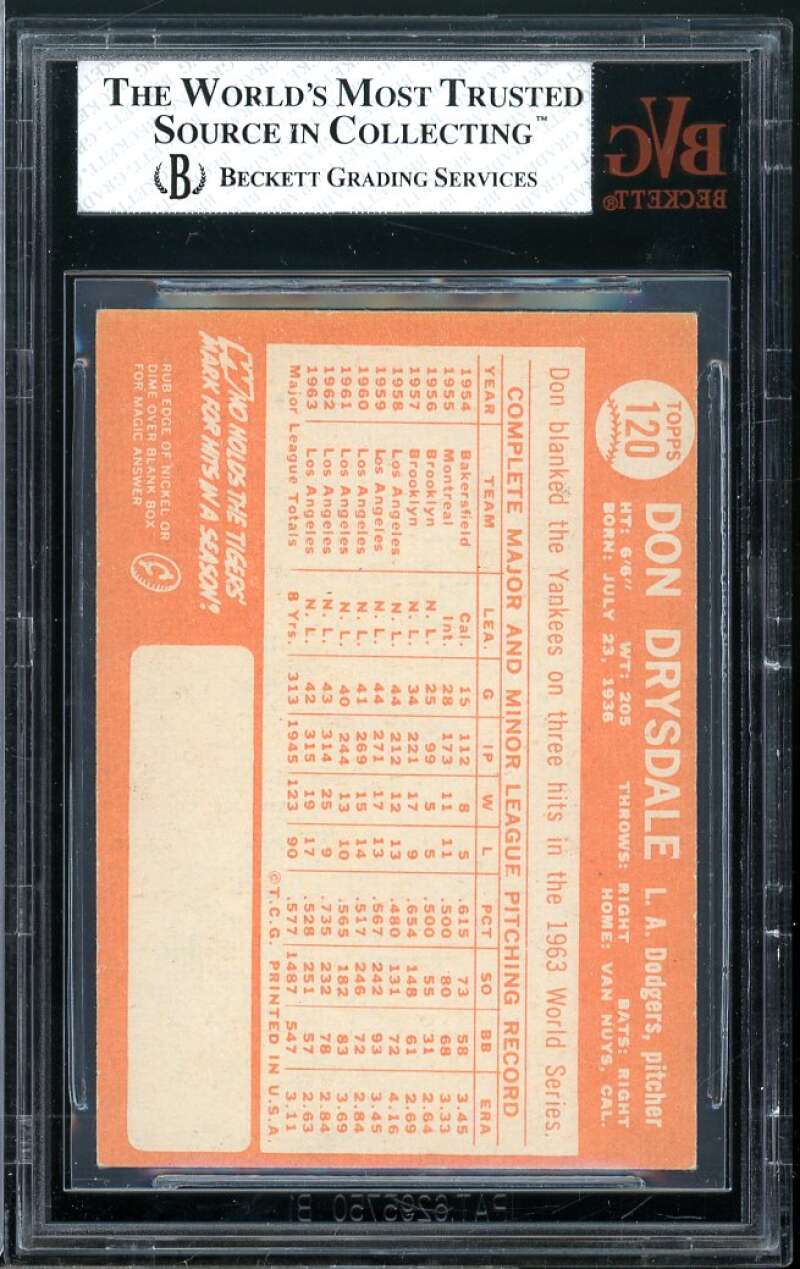 Don Drysdale Card 1964 Topps #120 BGS BVG 5 Image 2