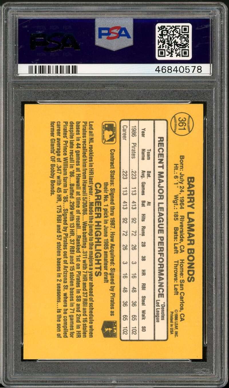 Barry Bonds Rookie Card 1987 Donruss #361 PSA 7 Image 2