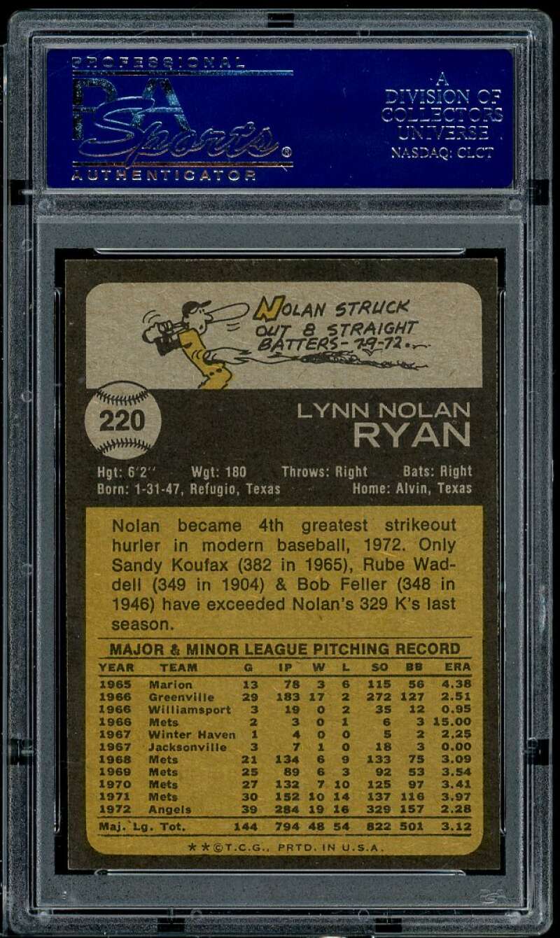 Nolan Ryan Card 1973 Topps #220 PSA 9 Image 2