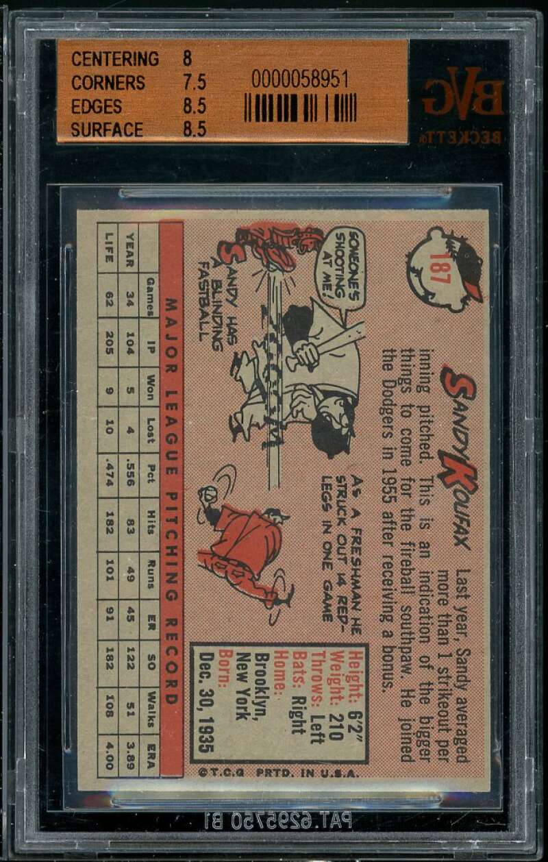 Sandy Koufax Card 1958 Topps #187 BGS BVG 8 (8 7.5 8.5 8.5) Image 2