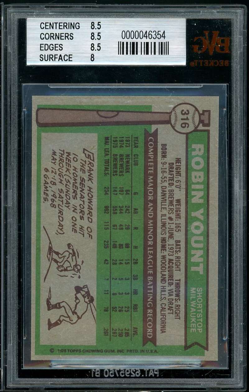 Robin Yount Card 1976 Topps #316 BGS BVG 8.5 (8.5 8.5 8.5 8) Image 2