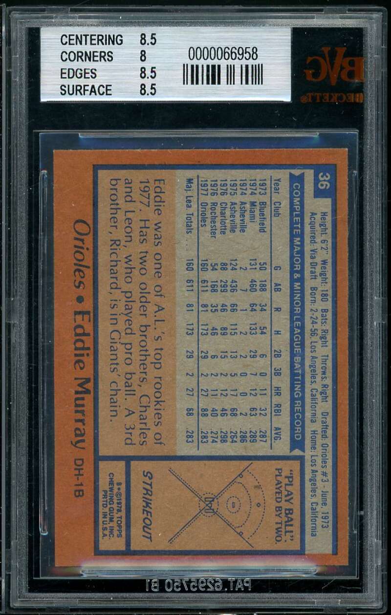 Eddie Murray Rookie Card 1978 Topps #36 BGS BVG 8.5 (8.5 8 8.5 8.5) Image 2