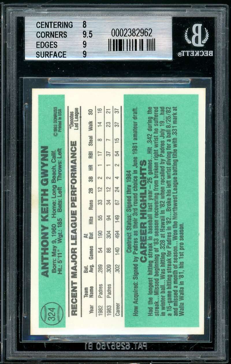 Tony Gwynn Card 1984 Donruss #324 BGS 8.5 (8 9.5 9.5 9) Image 2