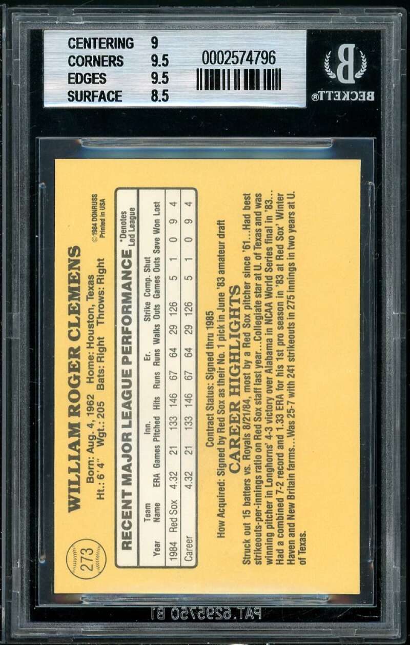 Roger Clemens Rookie Card 1985 Donruss #273 BGS 9 (9 9.5 9.5 8.5) Image 2