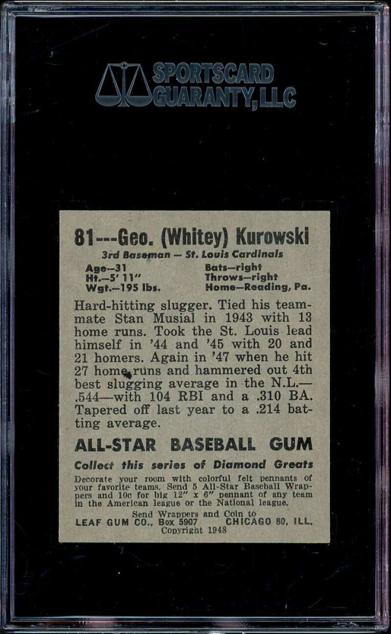George Kurowski SP Card 1949 Leaf #81 (pop 1) SGC 84 NM 72500 Image 2