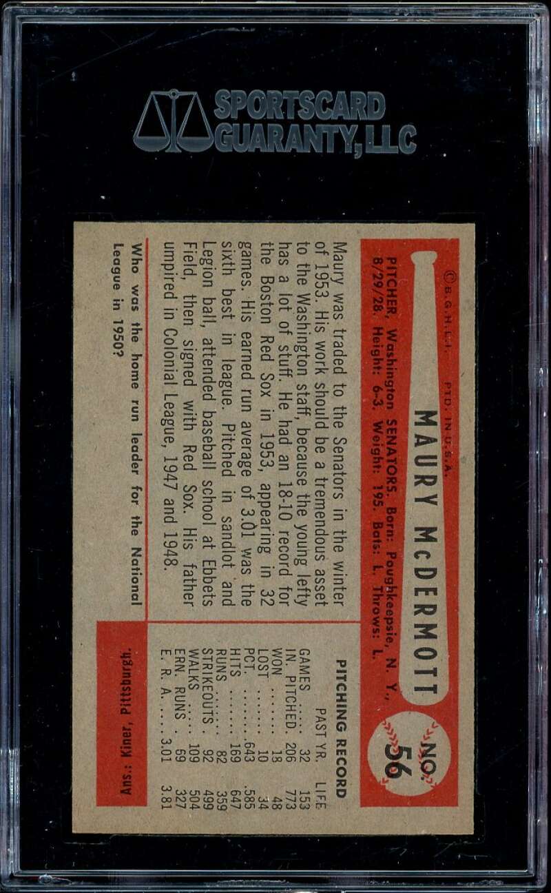 Maury McDermott Card 1954 Bowman (pop 1) #56 SGC 96 MINT 9 Image 2