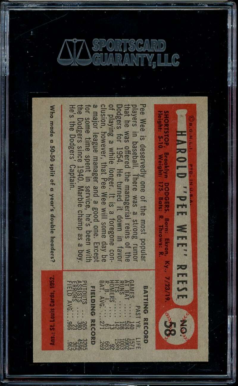 Pee Wee Reese Card 1954 Bowman #58 (pop 2) SGC 96 MINT 9 Image 2