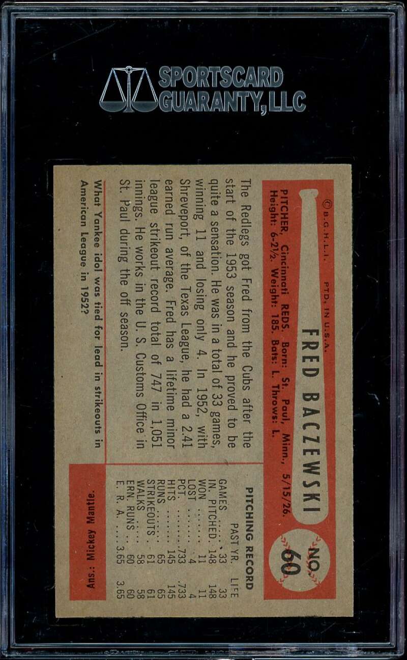 Fred Baczewski Rookie Card 1954 Bowman (pop 2) #60 SGC 96 MINT 9 Image 2