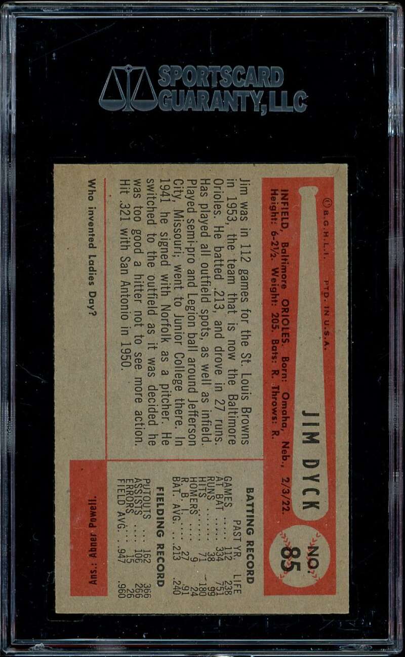 Jim Dyck Card 1954 Bowman (pop 1) #85 SGC 96 MINT 9 Image 2