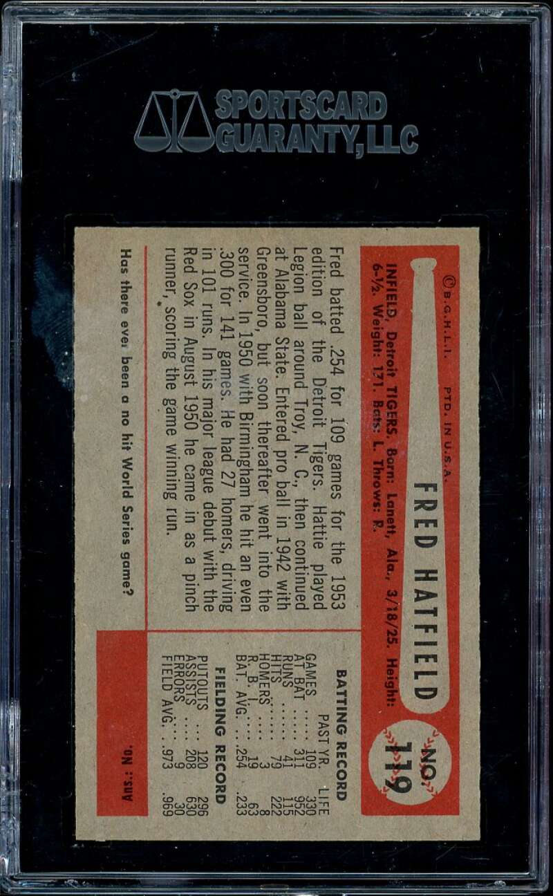 Fred Hatfield Card 1954 Bowman (pop 2) #119 SGC 96 MINT 9 Image 2