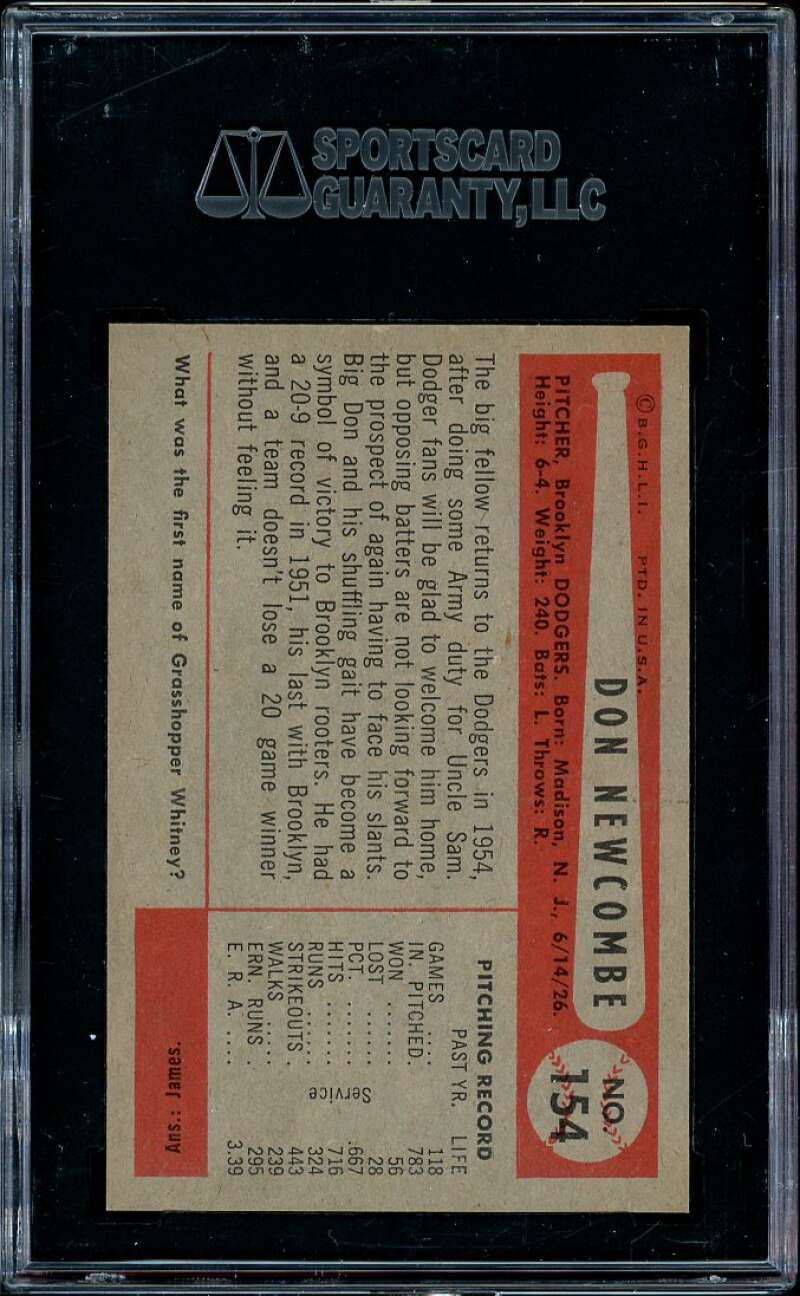Don Newcombe Card 1954 Bowman (pop 1) #154 SGC 96 MINT 9 Image 2
