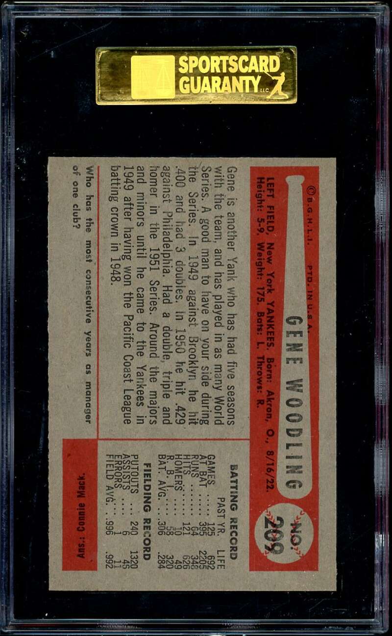 Gene Woodling Card 1954 Bowman #209 SGC 96 MINT 9 Image 2