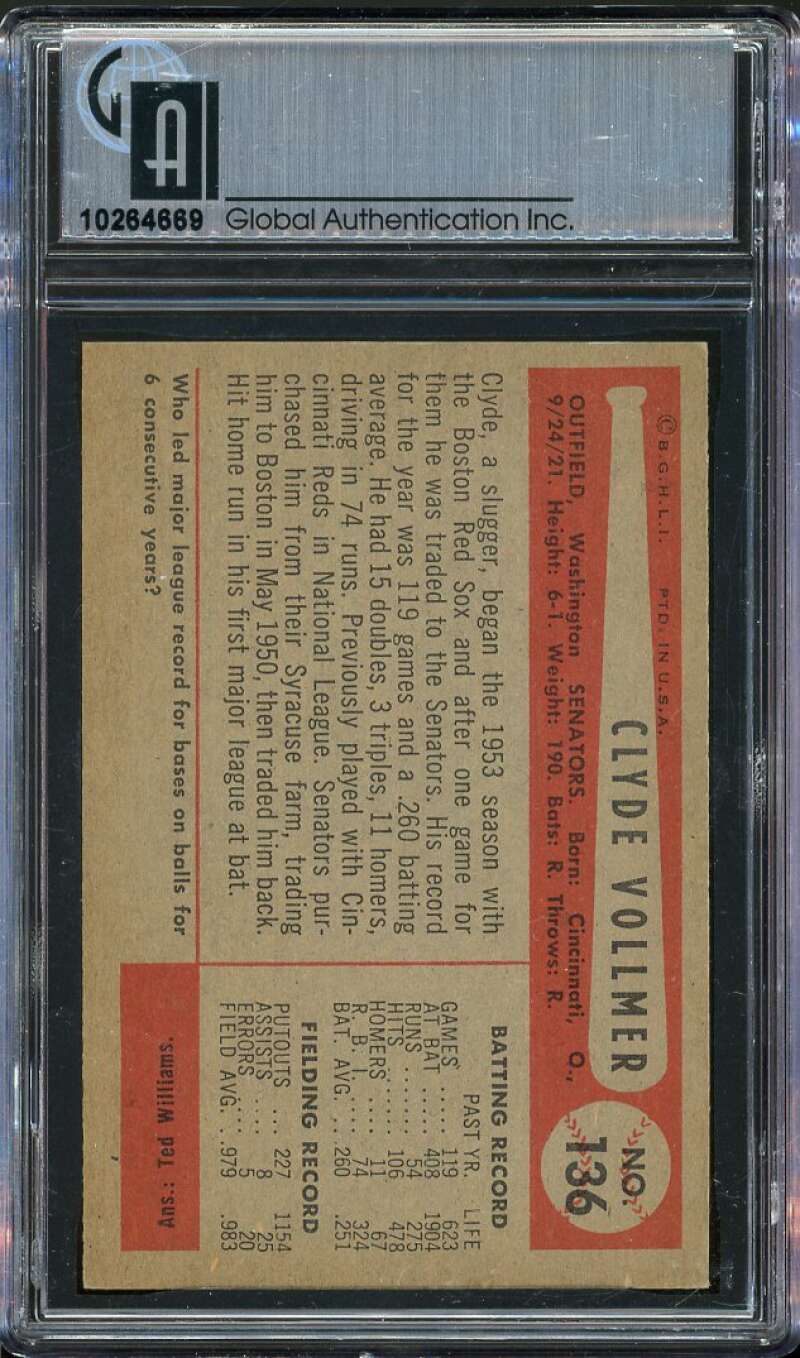 Clyde Vollmer Card 1954 Bowman #136 (1st graded) GAI 8 NM-MT80 Image 2