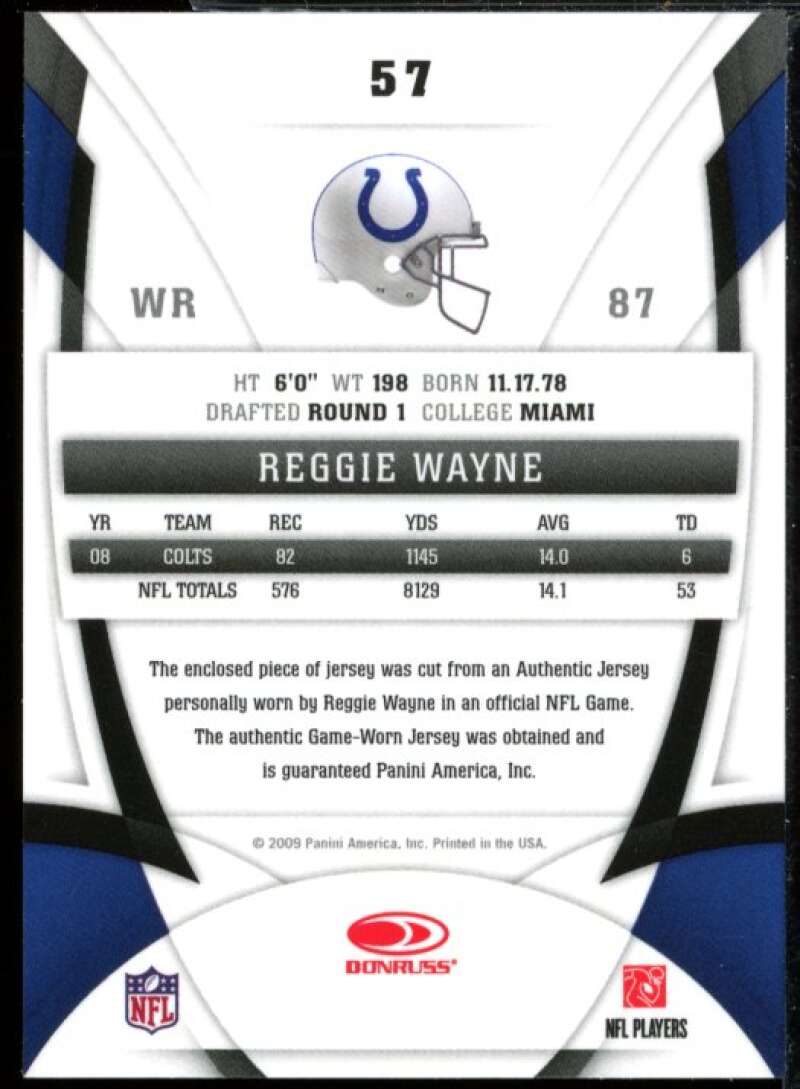 Reggie Wayne Card 2009 Leaf Certified Materials Mirror Blue Jersey #57  Image 2