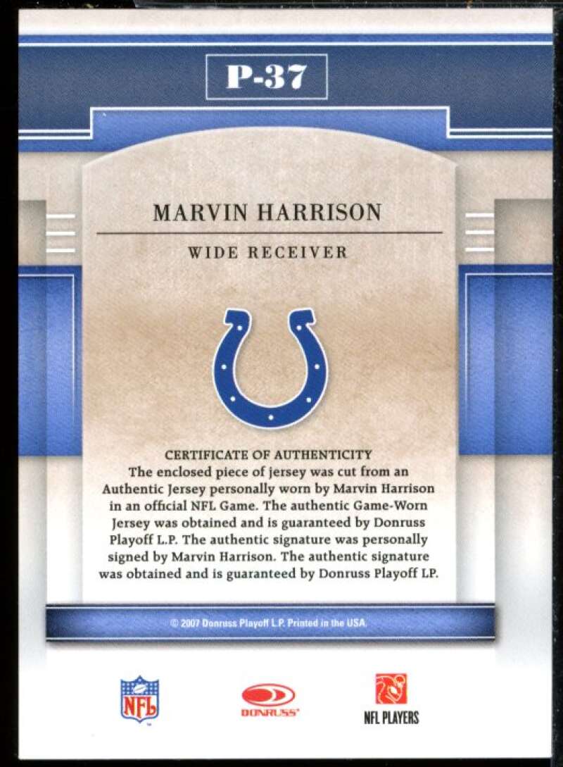 Marvin Harrison Card 2007 Gridiron Gear Performers Jersey Prime #37  Image 2