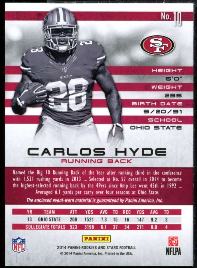 Carlos Hyde Card 2014 Rookies and Stars Rookie Jersey Longevity Ruby #10  Image 2