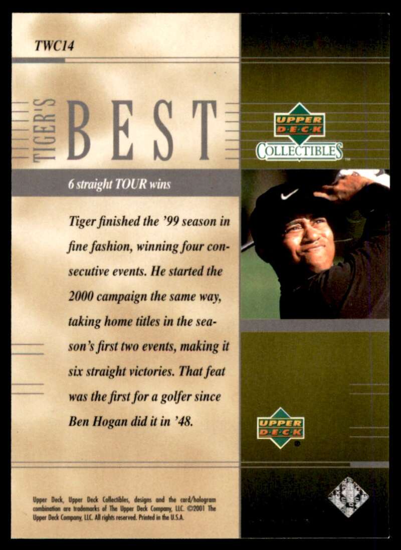 Tiger Woods Rookie Card 2001 Upper Deck Tiger's Best 6 Strait TOUR Wins #14 Image 2