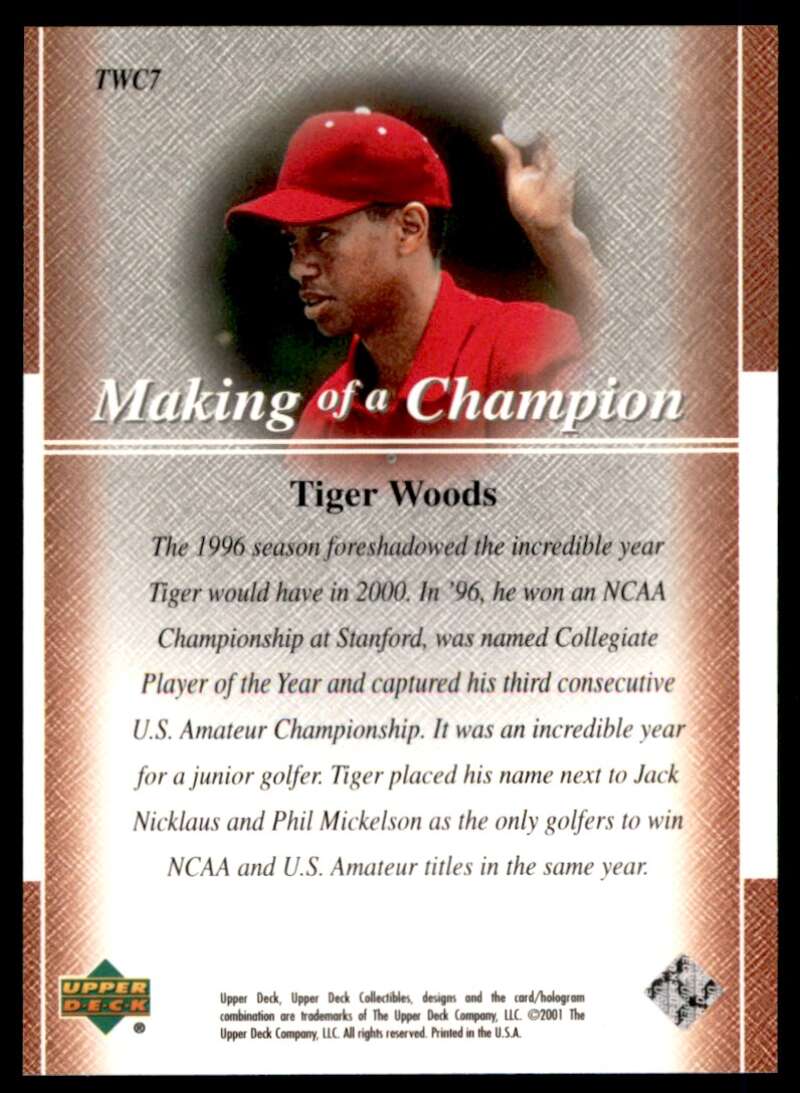 Tiger Woods Rookie Card 2001 Upper Deck Premier Edition Making of a Champion #7 Image 2