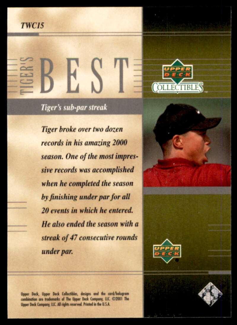 Tiger Woods Rookie Card 2001 Upper Deck Tiger's Best Sub-par Streak #15 Image 2