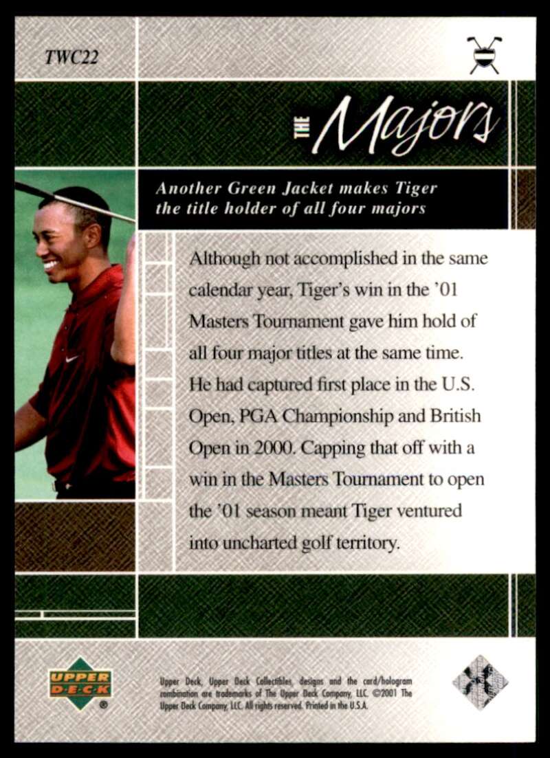 Tiger Woods Rookie Card 2001 Upper Deck The Majors Holder of all Four Majors #22 Image 2