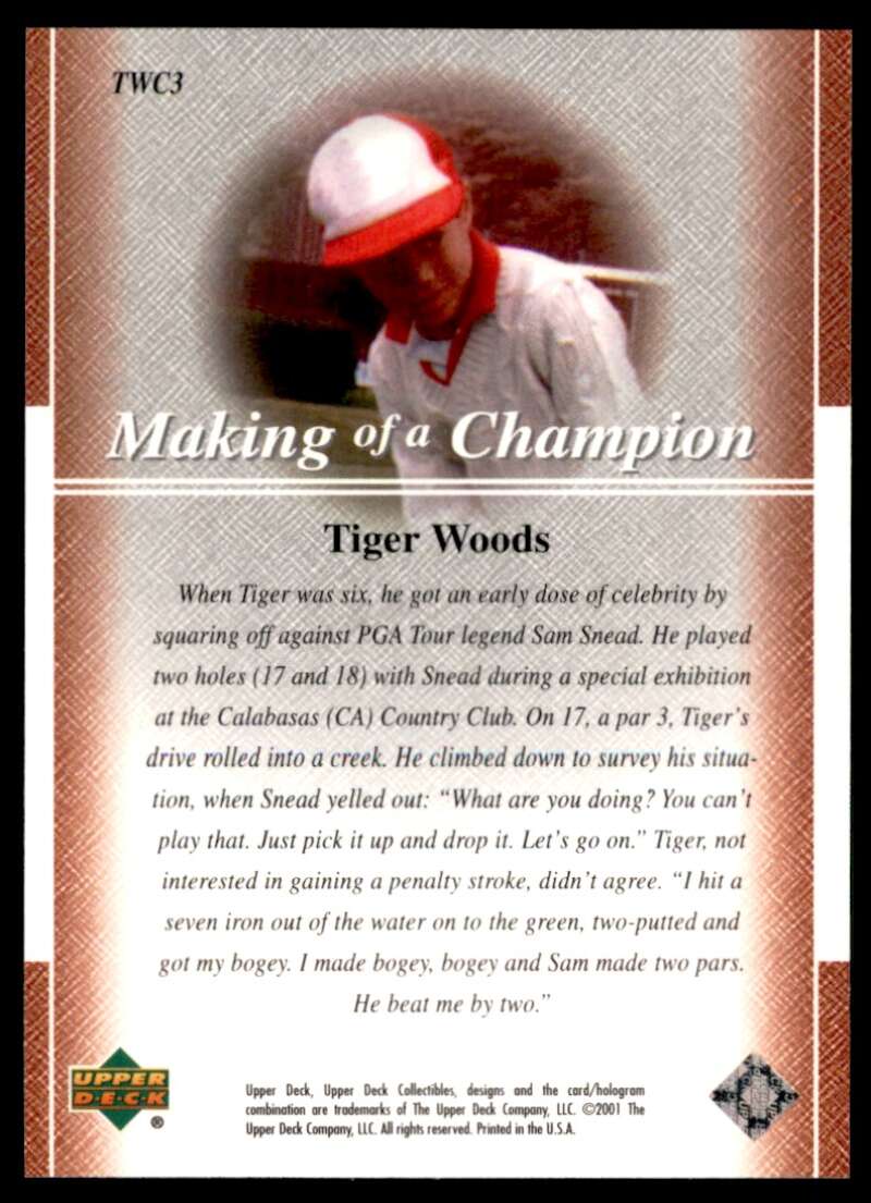 Tiger Woods Rookie Card 2001 Upper Deck Premier Edition Making of a Champion #3 Image 2