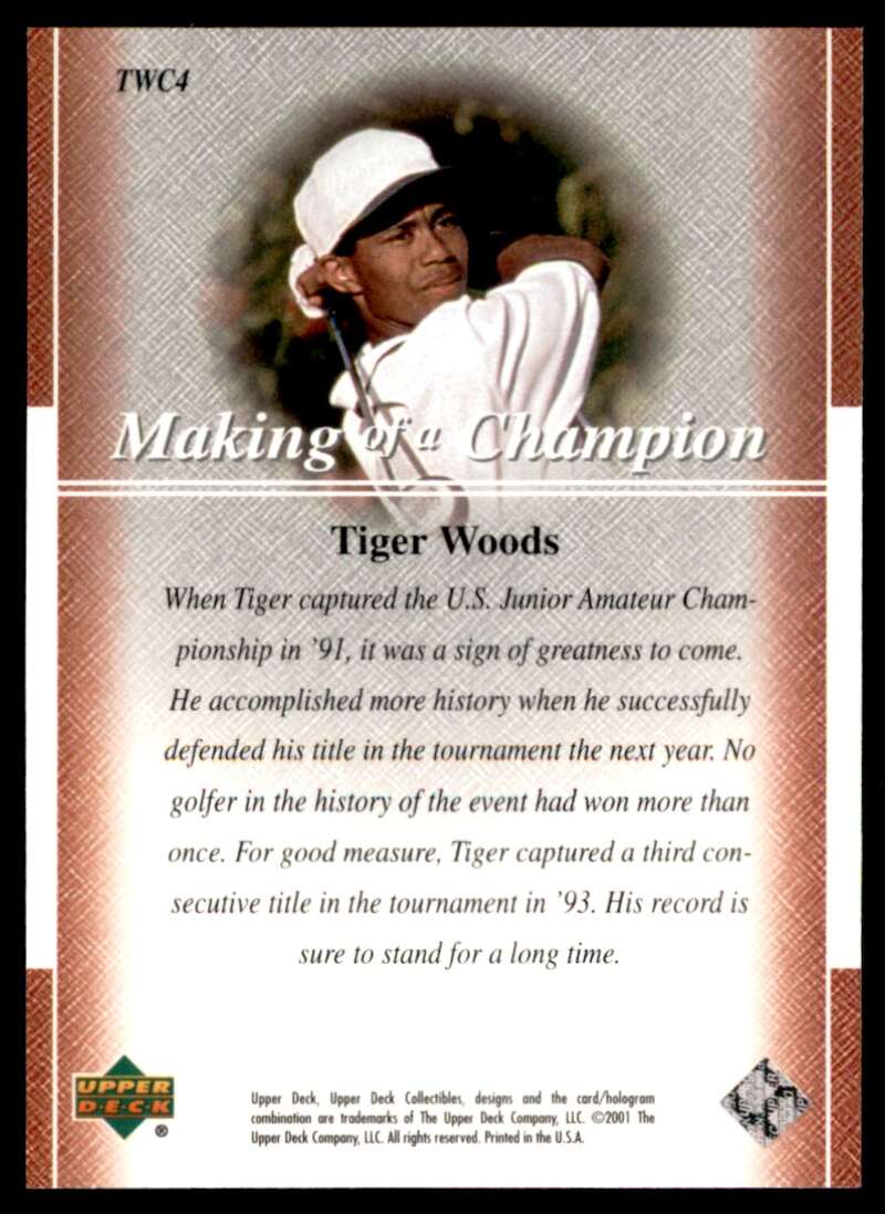 Tiger Woods Rookie Card 2001 Upper Deck Premier Edition Making of a Champion #4 Image 2